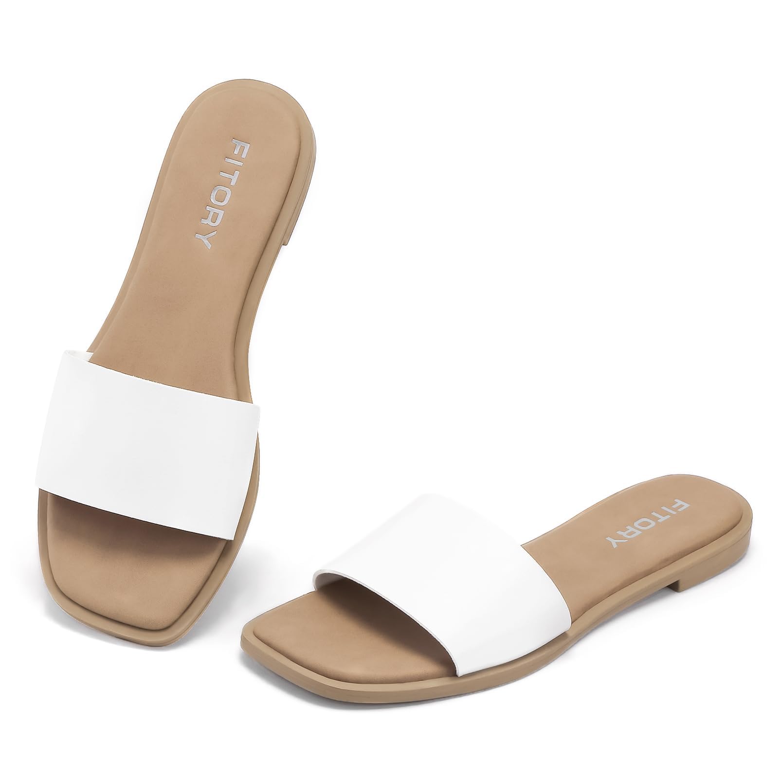 FITORY Women's Slide Sandals Square Open Toe Cushioned Footbed Slippers