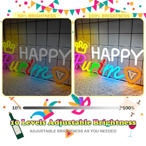 Image of Happy Purim Neon Sign Purim Neon Signs for Wall Decor Dimmable Purim Decorations Led Sign Jewish Carnival Party Hanging Neon Lights for Kids