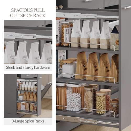 4 EVER WINNER Kitchen Island with Trash Can Storage, 52\" Rolling Kitchen Island on Wheels with Marble Countertop & Pull Out Spice Rack, Kitchen Cart Island Table for Kitchen, Gray