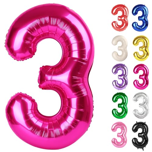 Hot Pink Number 3 Balloon 40 Inch - 3rd Balloon Number Birthday Decorations