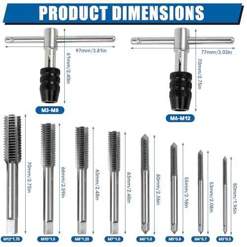 Gewindeschneider Set Windeisen für Gewindebohrer M3 M4 M5 M6 M7 M8 M10 M12 Verstellbarer Gewindeschneidsatz 10 Stück Tap And Die Set HSS Gewindefräsen and 2 T Griff Windeisen Ratsche Werkzeug