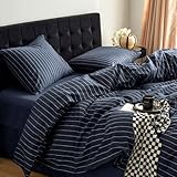 Wake In Cloud - Striped Cotton Duvet Cover Set, Ticking Stripe Vertical Pinstripe Farmhouse, 100% Washed Cotton Textured Percale Bedding Set, 3 Pieces, Navy Blue, Queen Size