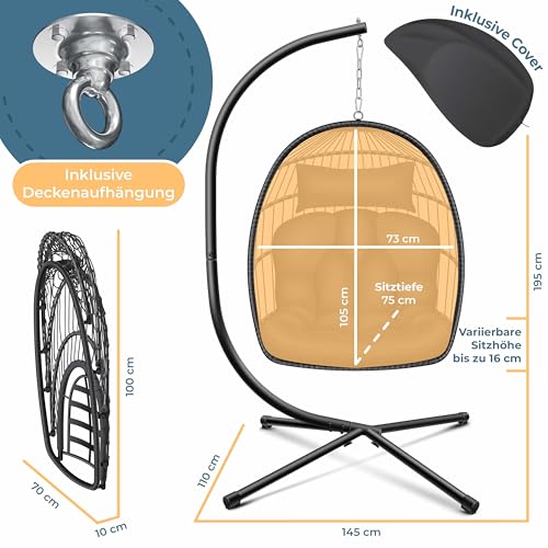 KESSER® Hängesessel Jungle mit Gestell Stahl Hängekorb Sessel Großen Kissen + Decken Halterung + Cover Hängeschaukel Hängesitz Indoor - Outdoor Schaukel Hängestuhl für Kinder und Erwachsene, Anthrazit