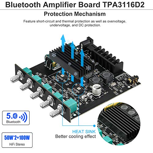 MakerHawk copper Bluetooth Amplifier Board Hifi Stereo 2.1 Tpa3116D2 2X50W+100W 12V-24V Audio Power Amplifier Module Bass And Treble Control For Store Home Theater Speakers 6 51YPLs2SraL