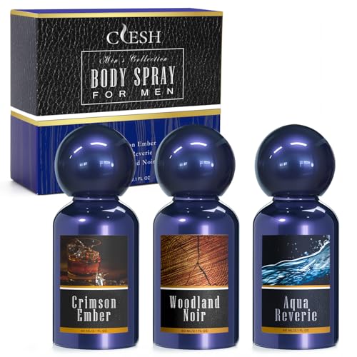 Body Spray for Men, Mens Fragrance Mist, Travel Size Set, 3 Pack, 60 ml / 2.1 fl oz, Crimson Ember, Aqua Reverie, Woodland Noir