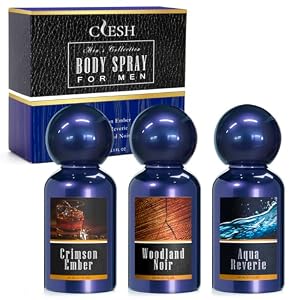 Body Spray for Men, Mens Fragrance Mist, Travel Size Set, 3 Pack, 60 ml / 2.1 fl oz, Crimson Ember, Aqua Reverie, Woodland Noir