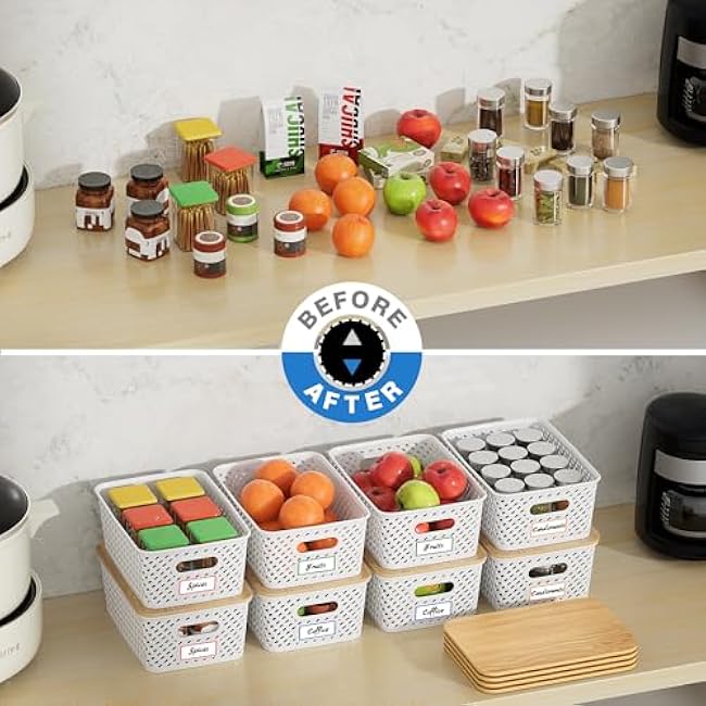 8 Packs Plastic Storage Bins with Bamboo Lids - Stackable Storage Bins Decorative Small Basket Containers for Organizing Shelves Office Classroom Desktop Closet, Cream White