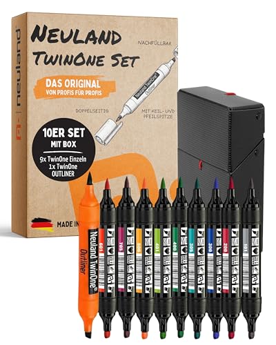 Neuland TwinOne Set I 10x TwinOne Marker mit 0 5-7 mm Pinselspitze & 2-6 mm Keilspitze I Inkl. Markerbox Flat Novario I Nachfüllbare Flipchartmarker & Permanentmarker für klare Visualisierung