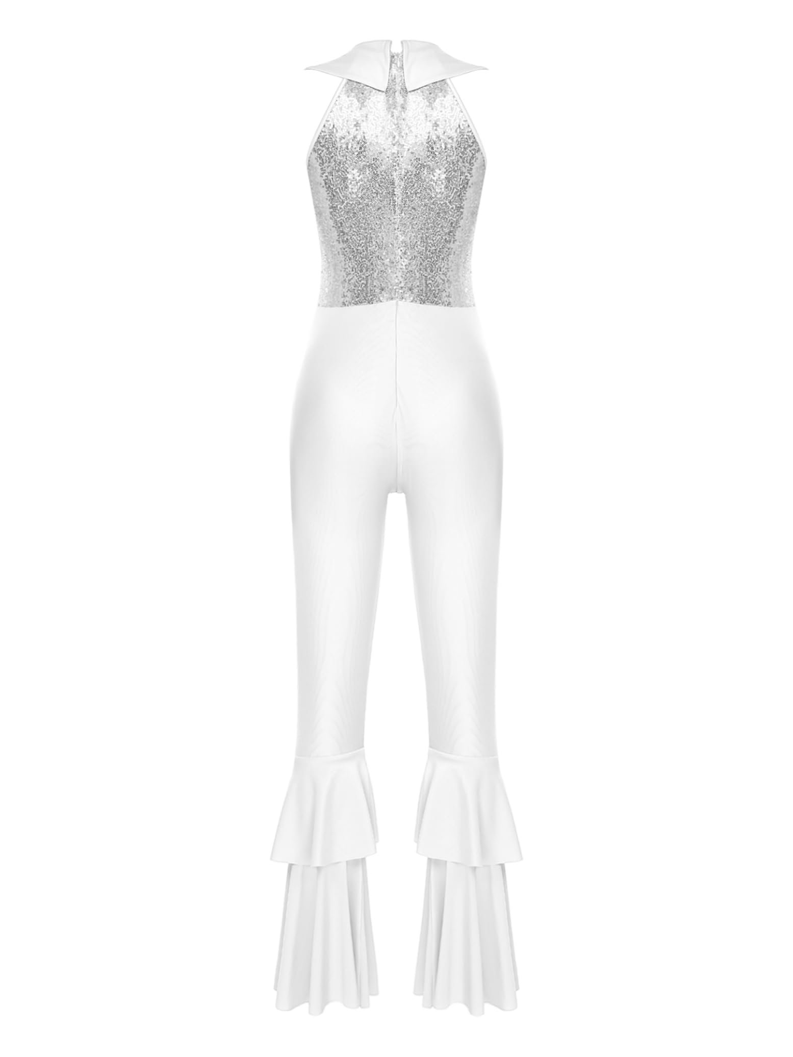Hedmy Mono Lentejuelas de Baile para Mujer sin Manga de Enterizo Acampanado con Cremallera y Solapa Disfraz de Diva Disco Style para Fiesta Actuación S-4XL