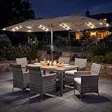 Tangkula 9 Pieces Rattan Outdoor Dining Set with 13Ft Solar Patio Umbrella for 6, Outdoor Wicker Table Set with 8 Cushioned Chairs, Acacia Wood Top, Outdoor Umbrella with Base Included