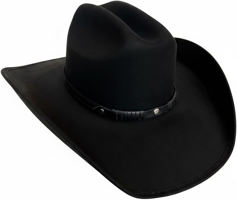 Western Black Felt Cowboy Hat with Leather Band for Men, Women, and Teens