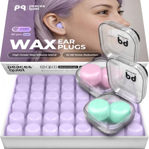Image of Peace&Quiet PQ Wax Ear Plugs for Sleeping, Swimming - 50 Soft Noise Cancelling Silicone Gel Wax Earplugs for Sleep and Swimmers, Ear Protection with Sound Blocking Level of 32 Db, Lavender