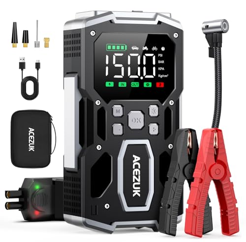 ACEZUK Arrancador de Batería de Coche 8000A, Compresor de Aire 150PSI, 26800mAh Arrancador de Coches para Vehículo(Toda Gasolina o 10L Diésel), 12V Jump Starter con 400-Lumen LED