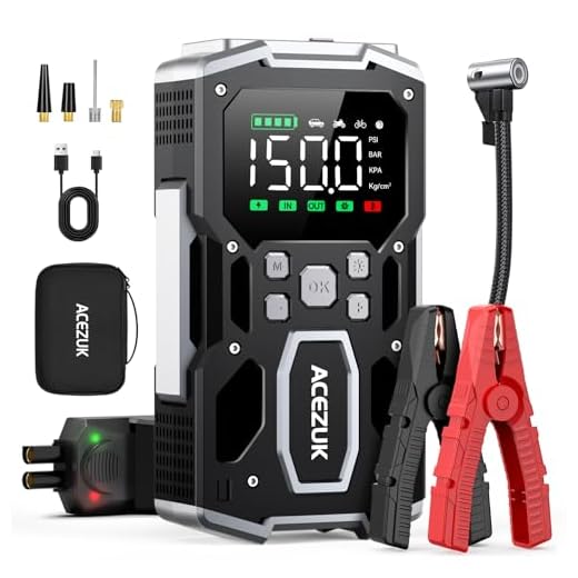 ACEZUK Avviatore Batteria Auto,8000A & 150PSI Avviatore di Emergenza per Auto con Compressore Aria Portatile (All Gas or 10.0L Diesel) 12V Jump Start,2 Luci/ 3.4" LCD Display