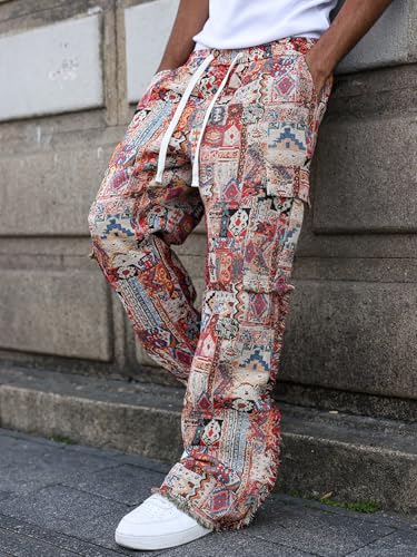 Men's Vintage Bohemian Straight Leg Pants Drawstring Belt Pocket Tassel Leg Unique Style Daily Travel Casual Pants Streetwear2