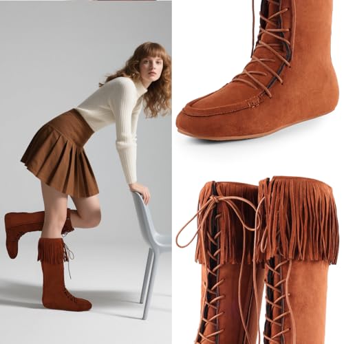 FancyQueen Fringe Boots for Women Lace Up Suede Knee High Flat Boots for Women no Heel with Zipper Comfortable Mid Calf Casual Boot3