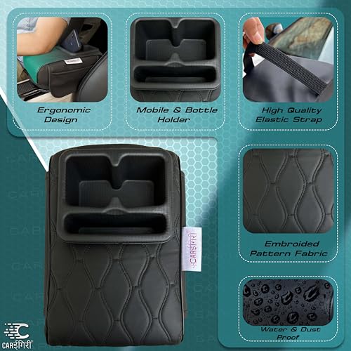 Image of Carigiri Nappa Leatherette,Foam ComfiRest Pro Car Armrest Cushion with Cup Holder| Arm Cushion| Universal for All Cars| Armrest with Mobile Holder (Black,Utility Pockets,Dual Cup Holder,Mobile Holder)