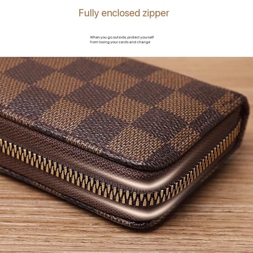 Brown and Khaki Checkerboard RFID Blocking Credit Card Holder Brown Checkered men's and women's small zipper card sleeves (18 card slots+2)3