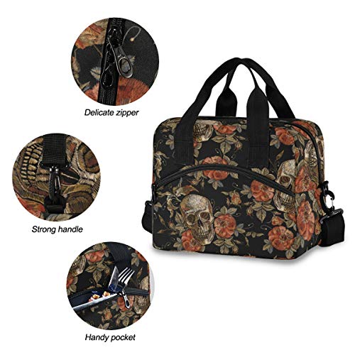 Halloween Skull Lunch Bags For Women/Men With Containers Gothic Skeleton Flowers Lunch Boxes Durable Insulated Lunch Box Large Lunch Tote Cooler Bags Use For Office Work School Picnic Holiday Gift #TOP4
