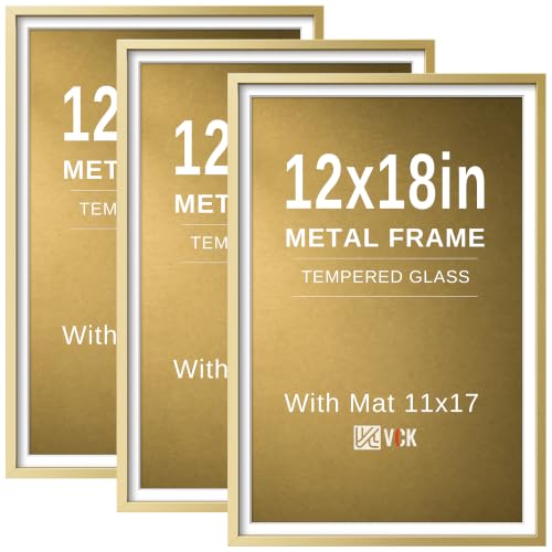 Image of VCK 12x18 Frame Gold Metal, Real Glass, 11x17 Mat, 3 Pack, for Poster