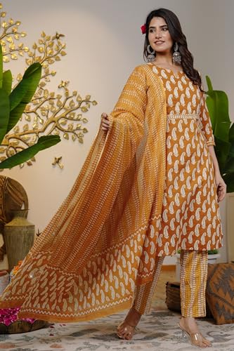 Image of MIRCHI FASHION Pure Cotton Women Straight Printed Embroidery Work Kurti Set with Dupatta and Pant
