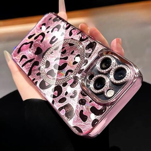Coque léopard magnétique rose iPhone 14 15 16 antichoc aimant