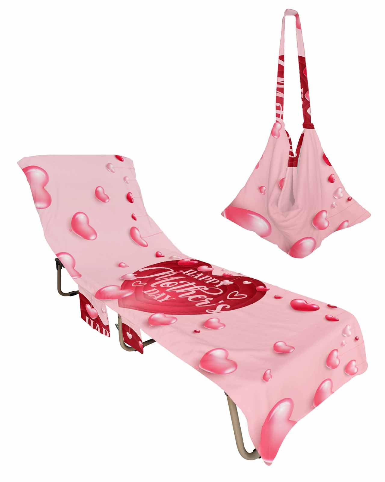 Mother's Day Beach Lounge Chair Towel Cover, Soft Chaise Lounge Towel with Side Pockets Patio Pool Chairs Cover for Beach/Pool Sunbathing 29x85 Pink Red Love Heart