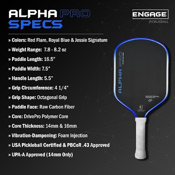 Engage Pursuit Alpha Pro 16mm Pickleball Paddle - Raw Carbon Fiber Face, 8.0 oz Elongated Control Paddle for All-Court Play