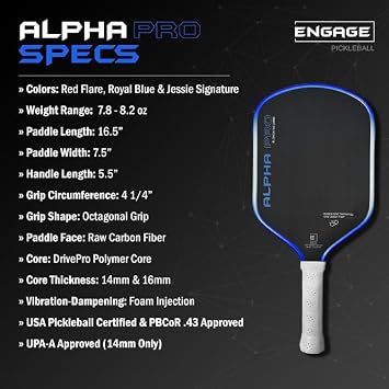 Engage Pursuit Alpha Pro 16mm Pickleball Paddle - Raw Carbon Fiber Face, 8.0 oz Elongated Control Paddle for All-Court Play