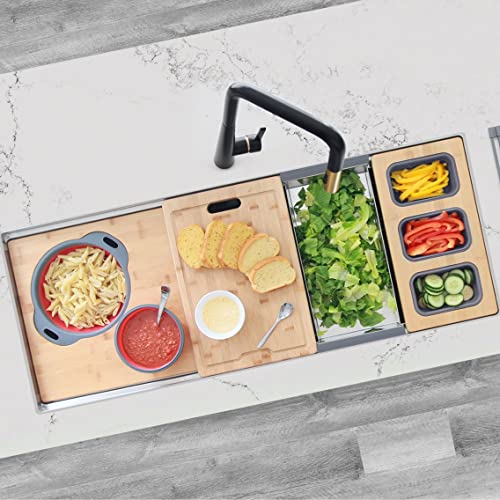 Stylish 45 Inch X 19 Inch Stainless Steel Double Bowl Undermount 16G Workstation Reversible Ledge Kitchen Sink With Basket Strainer, Grids, Drying Rack,Cutting Board,Serving Boards And Colander S-615W #TOP1