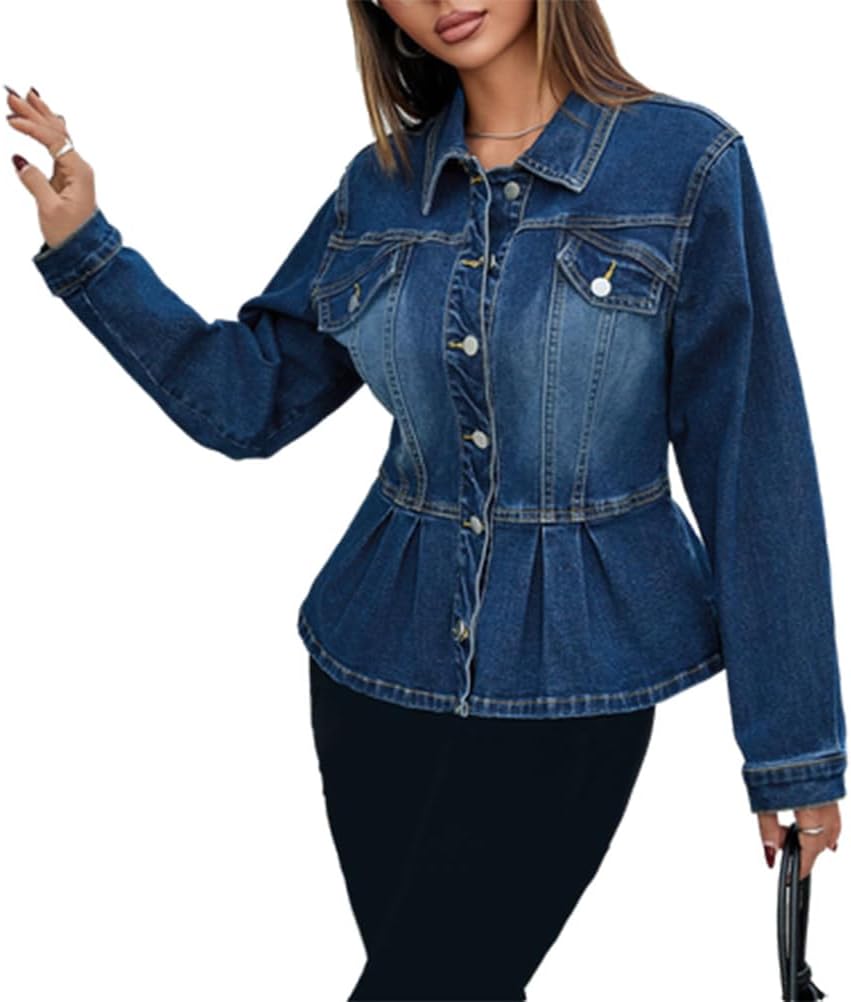 cffvdiz Women's Long Sleeved Denim Jacket Fitted Waist Ruffled Hem Jean Coat