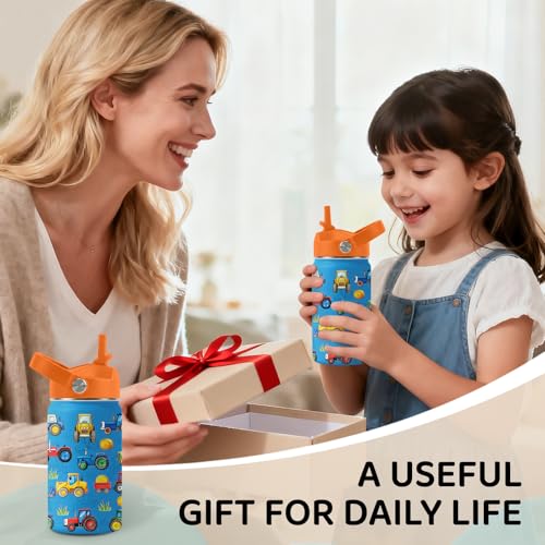 Image of Tractor Water Bottle for Son & Daughter, Stainless Steel Insulated Tumbler with Straw Lid and Handle, 12oz Reusable Leak-Proof Bottle for Sports