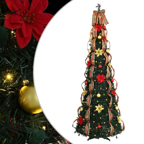 Image of vidaXL Artificial Christmas Tree with 150 LEDs Green 185 cm PVC, Artificial Christmas Tree, Lightweight, Collapsible, Cone-Shaped, Portable, Art Deco Design, Indoor or Outdoor, LED Light