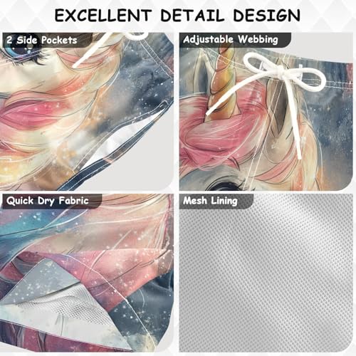 Pigsaly Boys' Swim Board Shorts Watercolor Cute Unicorn Boy's Swim Trunks Kids Swimwear M3