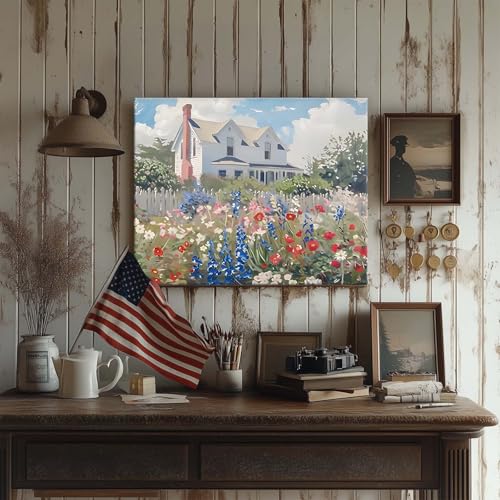 Image of Memorial Day Canvas Wall Art, Vintage Patriotic Cottage Print, Wildflower Garden and Farmhouse Landscape Poster Framed Art, Summer Independence Day Decor for Entryway or Living Room 8x10inch