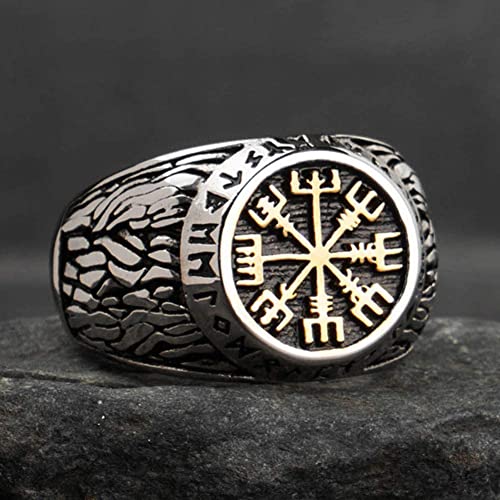 LIANXIAOXAO - Nhlzj Mens Aço Inoxidável Vegvisir Viking Compasso 24 Rune Padrão Geométrico Anel de d