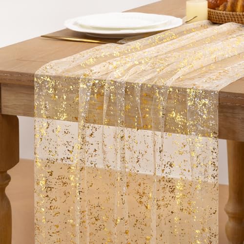 Image of MLMC 6Pcs Beige Gold Table Runner Sheer Gauze Glitter Metallic Foil Tulle Table Centerpieces 120 Inch 10 FT for Wedding Anniversary Holiday Dining Home Party Table Decor