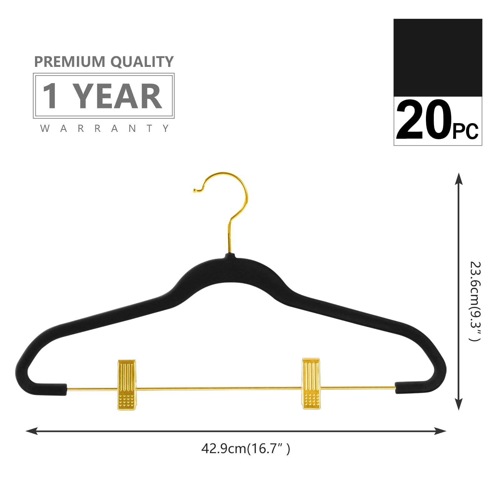 MIZGI Premium Kleiderbügel aus Samt mit verstellbaren Clips (20 Stück) schmale Rock-Kleiderbügel - rutschfeste Filz-Outfit-Kleiderbügel schwarz - goldene Haken, platzsparende Hemd-Kleiderbügel