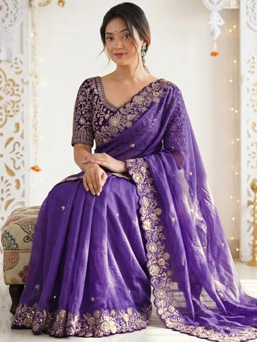 Image of SIRIL Women's Shimmer Georgette Scalloped Border Sequins Embroidery Saree with Unstitched Blouse Piece