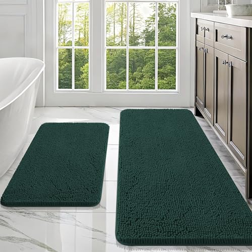 Image of OLANLY Bathroom Rugs Sets 2 Piece, Soft Absorbent Chenille Bath Mats Set, Non-Slip, Quick Dry, Machine Washable Bath Mats for Bathroom, Home Decor Accessories (47 inchx20 inch+30 inchx20 inch, Blackish Green)