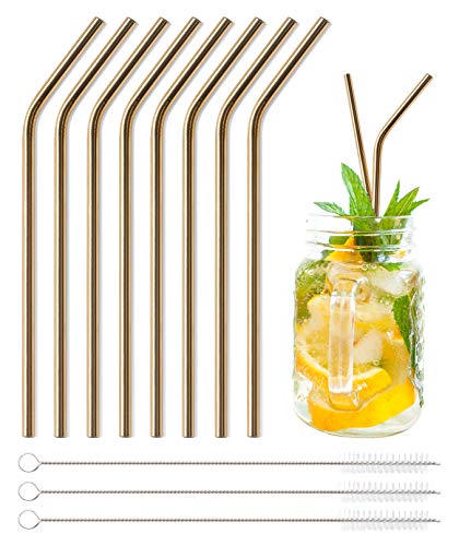 Pentaton - Juego de 11 pajitas Reutilizables de Acero Inoxidable y 3 cepillos de Limpieza, Apto para lavavajillas, pajas de Acero Inoxidable ecológicas, Color: Oro