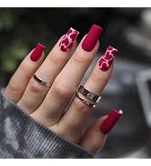 24pcs Red Press on Nails Medium Square, Heart Fake Nails Glue on Nails Stick on Nails Removable A...