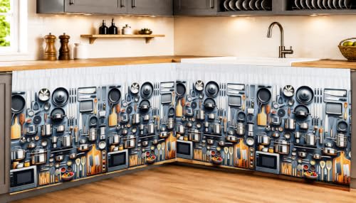 Image of Under Sink & Counter Curtain for Modular Kitchen - Printed Fabric Rod Pocket Hanging Skirt, Washable Under-Counter Cover, Pack of 2 Panels (Each Panel: 150 x 70 cm) (Vasan)