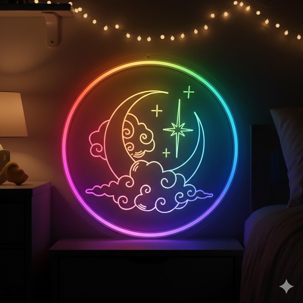Clayful Moon & Cloud RGBICW LED Neon Sign - Acrylic Engraved RGB Mood Lamp with Multiple Lighting Modes, Music Sync, Bluetooth & Wired Control - Bedroom, Kids Room, Café, Party Décor