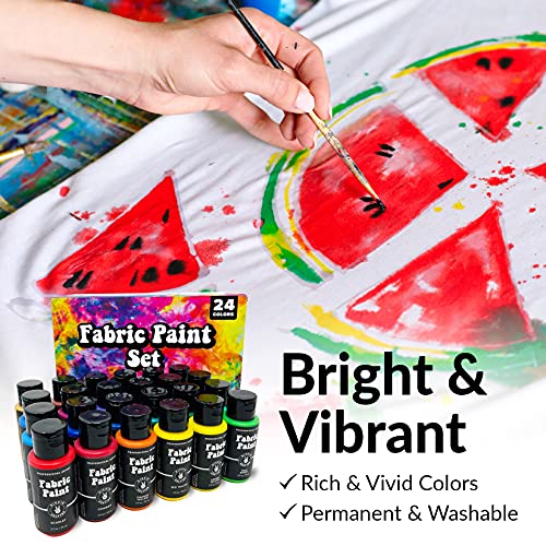 Image of Permanent Fabric Paint Kit, 24 Colors, Medium Acrylic Set, for Clothes, Upholstery, Outdoor Cushions, Shoes, Includes Metallic Gold, White, Red, Yellow, Orange, Pink