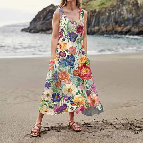 Plus Size Cotton Linen Summer Dresses for Curvy Women 2025 Sleeveless Maxi Vacation Beach Sundresses with Pockets