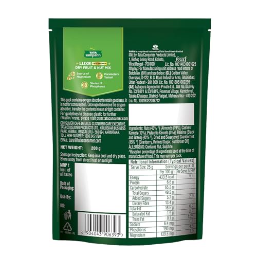 Image of Tata Sampann Luxe Dry Fruit & Nut Mix, 200g, Source of Protein, Magnesium & Phosphorus, Rich in Dietary Fiber, Flavourful & Crunchy Snack, Almonds, Cashews, Green Raisins, Black Raisins, Pistachios, & Cranberries