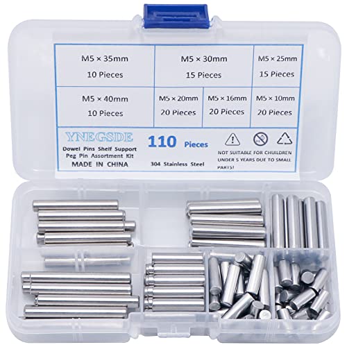 110 Pieces Dowel Pins M5 x 10mm/ 16mm/ 20mm/ 25mm/ 30mm/ 35mm/ 40mm 304 Stainless Steel Shelf Support Pegs Pin Rod Fasten Elements Assortment Kit