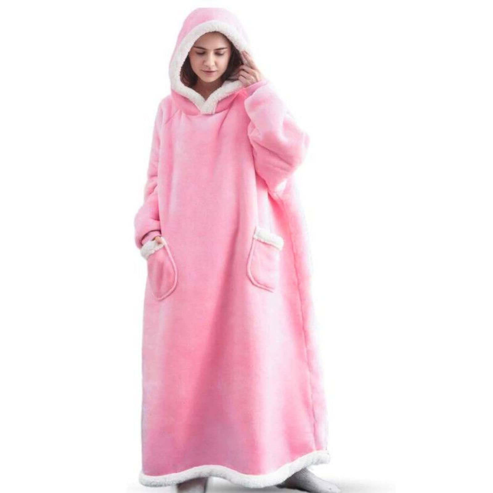 Długa bluza z kapturem, koc z kapturem, miękka flanela, unisex, oversize, bluza z kapturem, kobiety, ciepłe, elastyczne mankiety typu sherpa