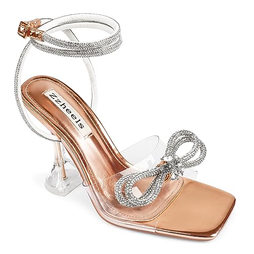 Image of Zzheels Double Bowknots Crystal Clear Shoes Strappy Sandals | Clear Slingback Heels, Rhinesotne Bow Sandals, Square Toe, Elegant Heels